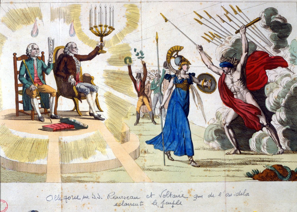 A Lumieres évszázada: Jean Jacques Rousseau és Voltaire filozófusok a múlttól a múltig megvilágítják az embereket - allegória alkotó: Unknown artist