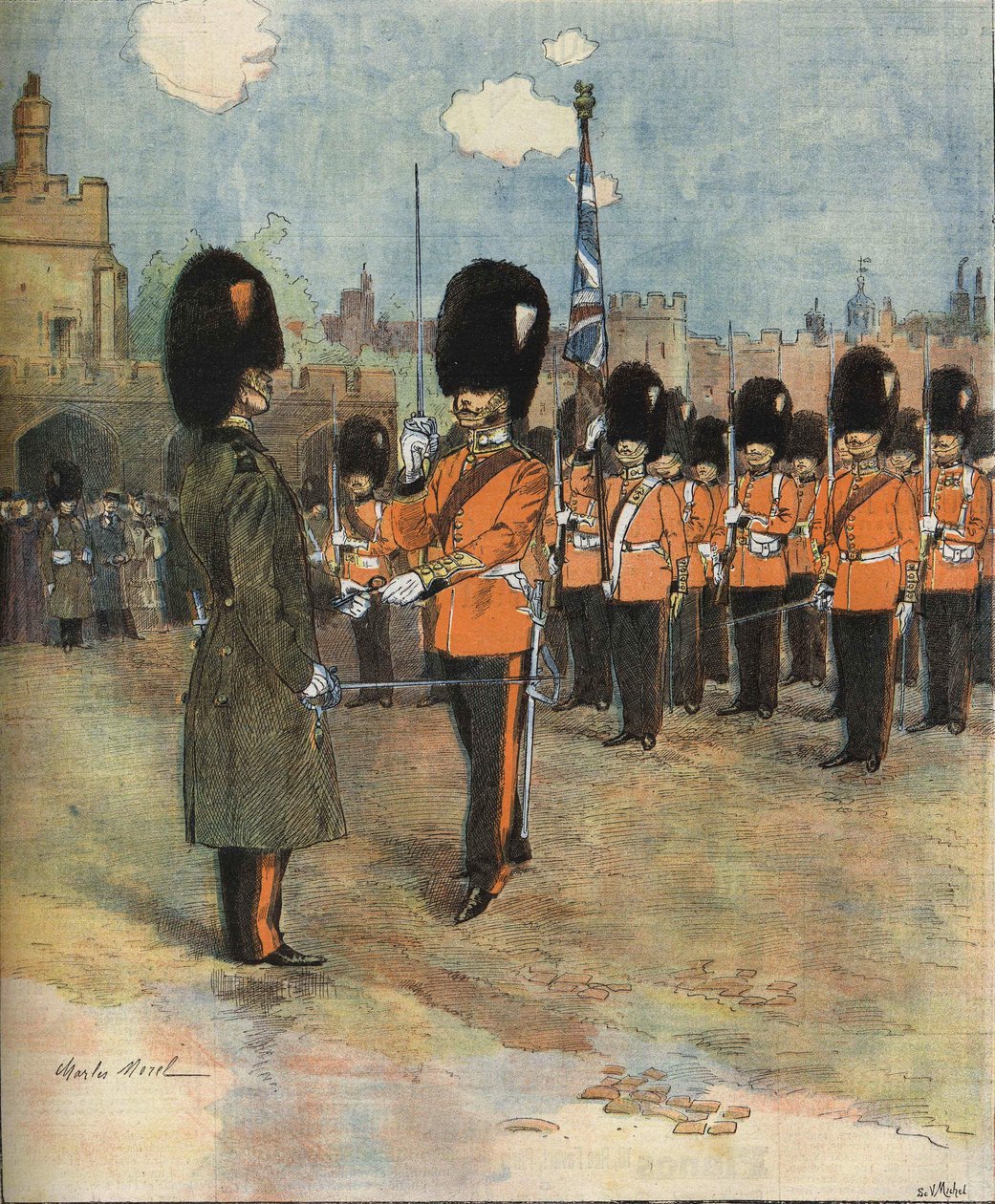 Őrségváltás a londoni Buckingham-palotában 1893-ban. Illusztráció: M.C. Kucsmagomba. Bianchetti kollekció. alkotó: Unknown artist