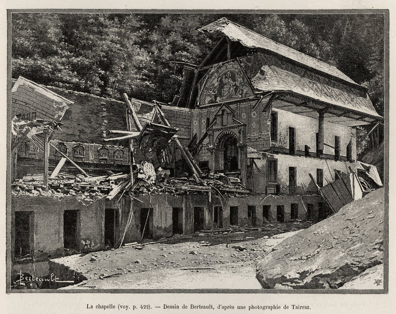 Az Arve túlcsordulása miatt elpusztult kápolna. Berteault-metszet a „Saint Gervais les Bains-i katasztrófa” című történet illusztrálására alkotó: Unknown artist