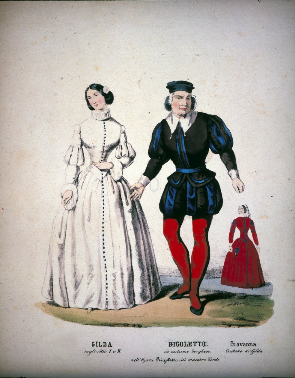 Gilda, Rigoletto és Giovanna szereplői Giuseppe Verdi (1813-1901) olasz zeneszerző „Rigoletto” című operájának III. felvonásában alkotó: Unknown artist