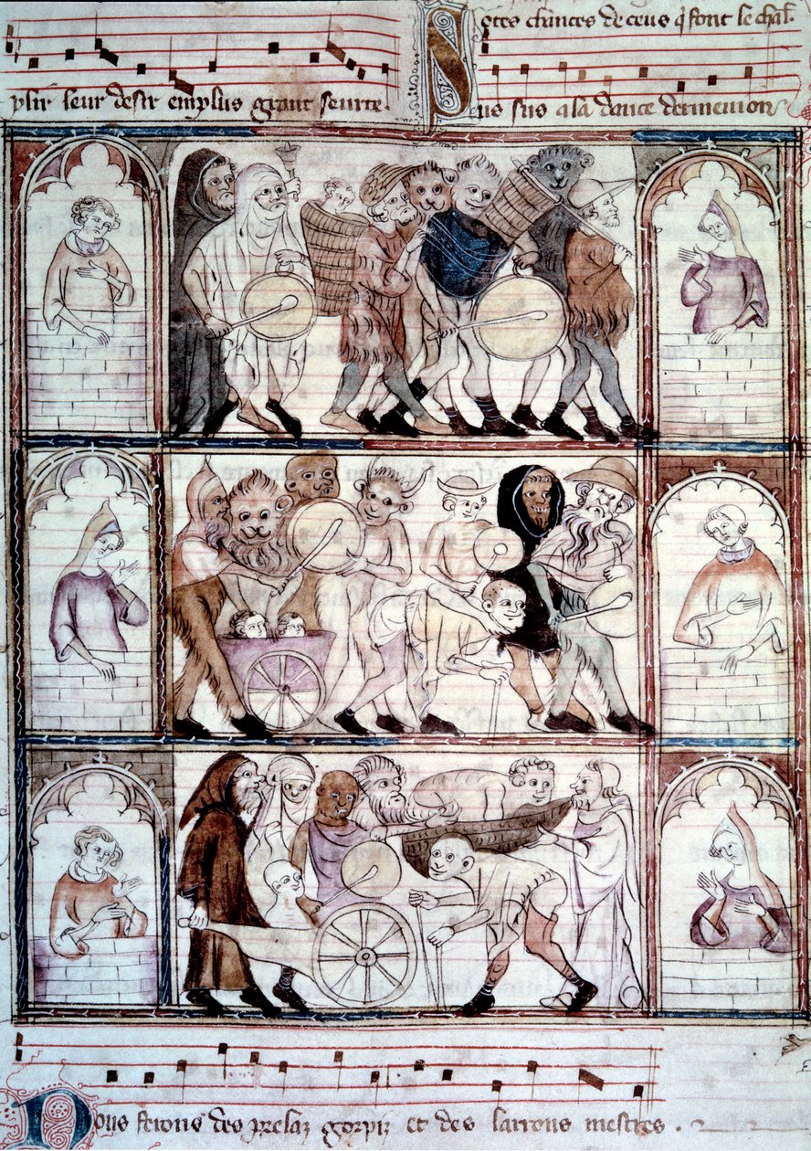 A charivari ünnepség Fauvel esküvőjére. Zenészek és transzvesztiták felvonulása. Miniatűr Gervais du Bus (Gerves du Bus) „Le roman de fauvel” kéziratából alkotó: Unknown artist