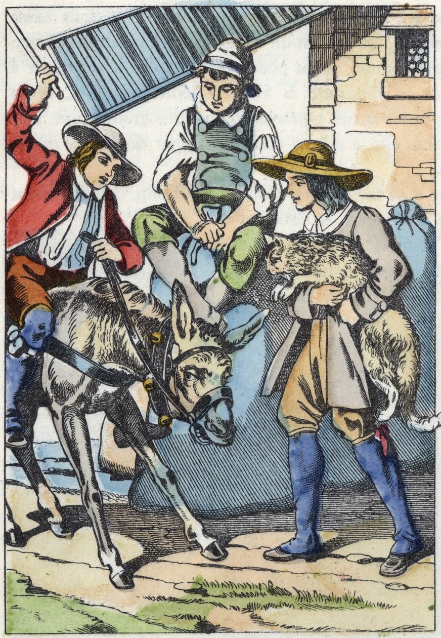 A most meghalt felvezető gyermekei osztoznak a birtokán: szamár, malom és macska. Illusztráció Charles Perrault „The cat botte” című meséjéről alkotó: Unknown artist