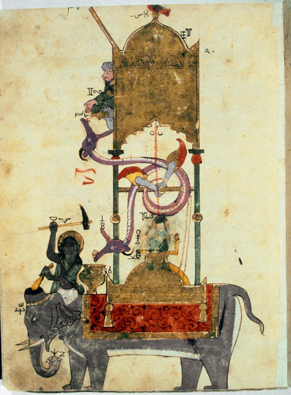 A klepsydrában van az elefánt Ez egy középkori muszlim találmány, amely egy elefánt alakú vízórából áll, amelyet Ibn al-Rajjaj al-Jazari (Al Rajjaj Al Jazari) török mérnök (1136-1206) tervezett 1200 körül. A találmányt a törökök tervezték. motor alkotó: Unknown artist