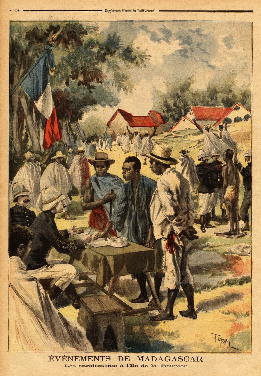 A tekercsek Réunion szigetén; megalkotása óta először alkalmazták az 1889-es törvényt, amely katonai szempontból a gyarmatok lakóit a metropolisz hadköteleseivel egyenlővé teszi a harcoló csapatok megerősítésére. alkotó: Unknown artist