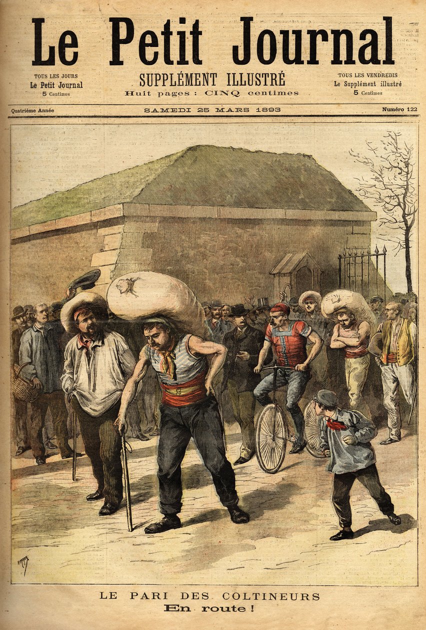 A coltineurs fogadás, 100 kilogrammos zsákok, a fogadás Párizs és Corbeil gyalogos összeköttetéséből áll (32 kilométer), a győztes Jean Labas 14 óra alatt teljesítette a versenyt (12 órával megelőzve a másodikat). Metszet a „” Le petit journal”-ban 1893.03 alkotó: Unknown artist