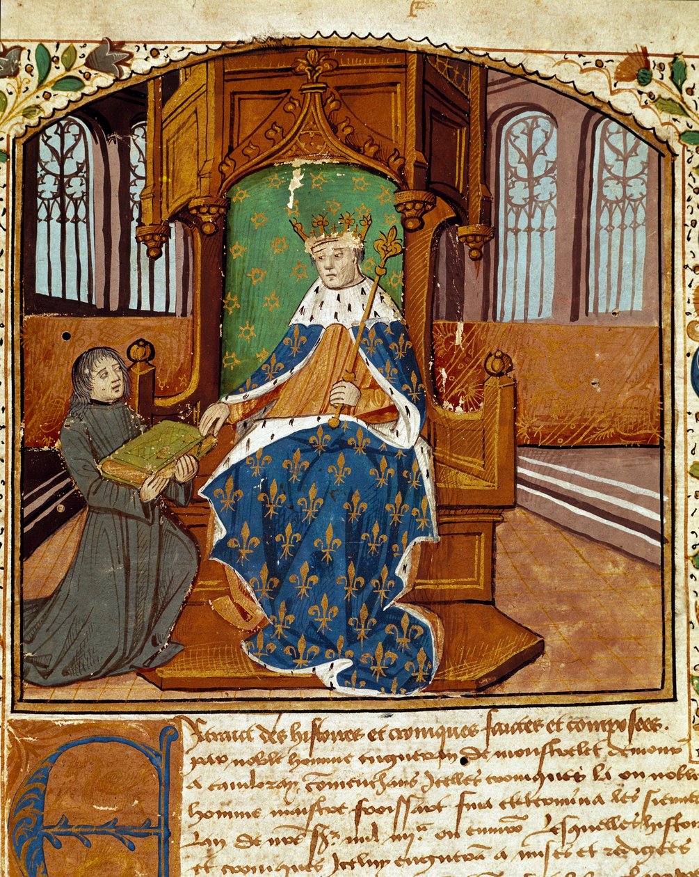Enguerrand de Monstrelet (1400-1453) oszlopos író adományozza könyvét VII. Károly királynak (1403-1467) Miniatűr a Monstrelet krónikáiból, 1465 Reims, városi könyvtár alkotó: Unknown artist