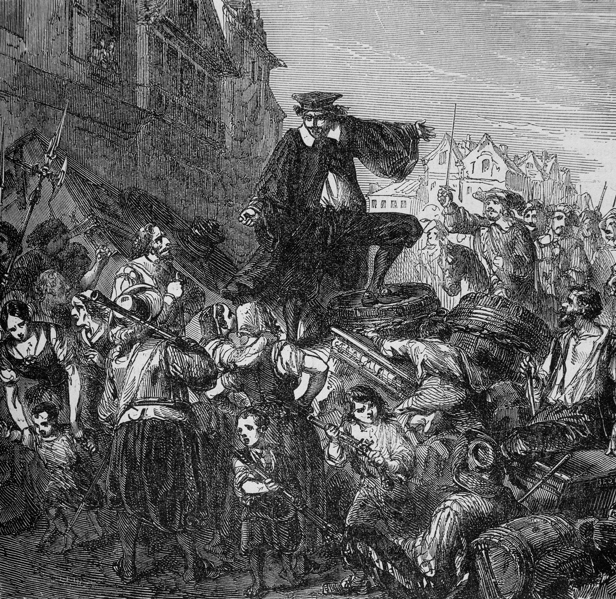 A helyőrség parancsnokát a párizsi barikádokon ölték meg (a Fronde kezdete) a „Histoire des Popes, rois, queens, imperators through the évszázadokon” című művében, Lachartre, sd 19. század alkotó: Unknown artist