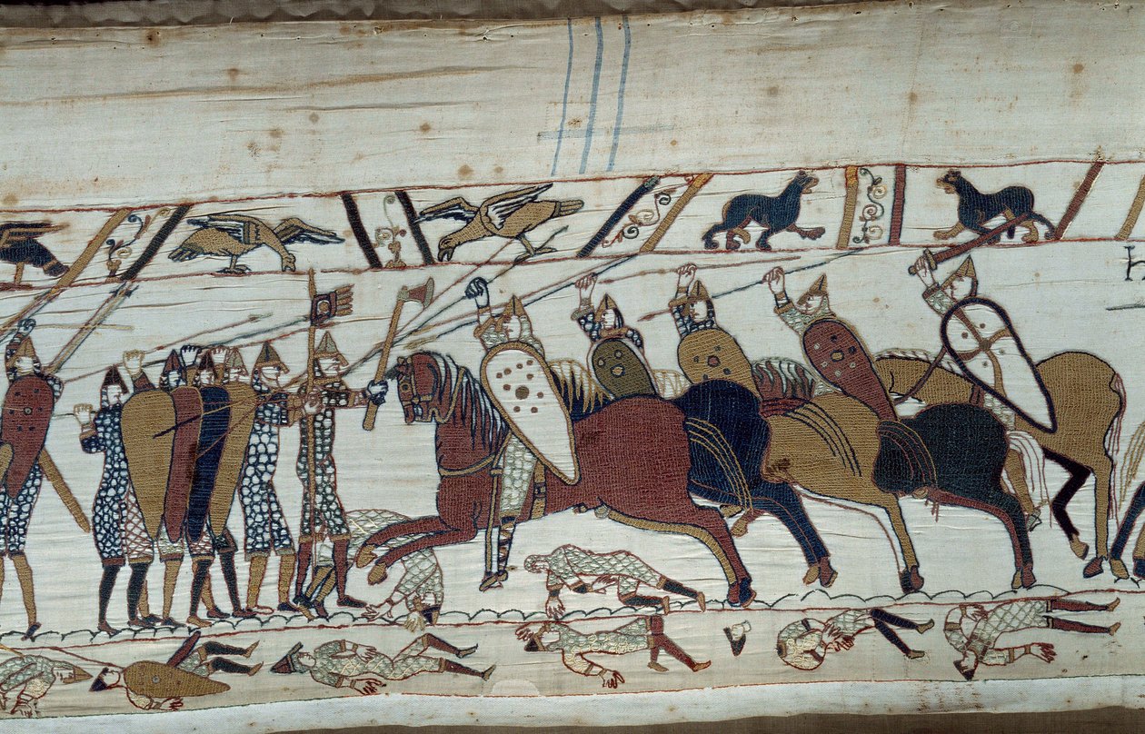 Anglia meghódítása Normandia hercege, Hódító Vilmos (1027-1087) által 1066-ban: a hastingsi csata jelenete a normann gyalogsággal és a szász lovassággal szemben Bayeux kárpitjának részlete vagy Mathilde királynő hímzése alkotó: Unknown artist