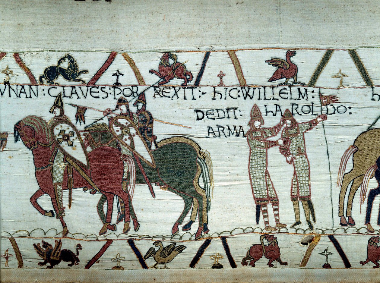 Hódító Vilmos normandiai herceg (1027-1087) Bretagne meghódítása: bal oldalon a herceg Dinan város kulcsait kapja, jobbról Harold lovagot csinál, akit Hitvalló Edward angol király küldött. a kárpit alkotó: Unknown artist