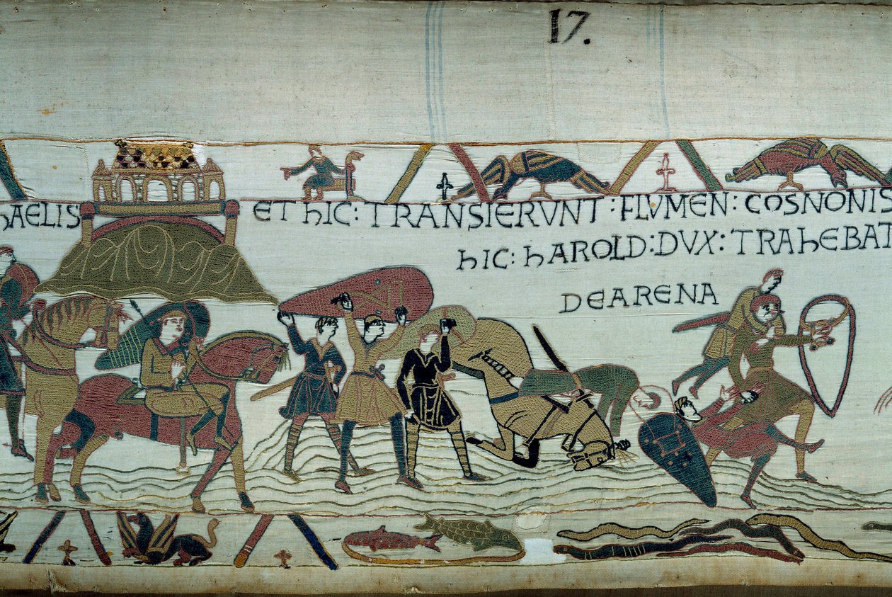 Bretagne meghódítása Normandia hercege, Hódító Vilmos (1027-1087) serege által: a Riviere du Couesnon átkelése a Mont Saint Michel magasságában, emberek és lovak süllyednek a mozgó homokba A Bayeux-i kárpit részlete vagy Embro alkotó: Unknown artist