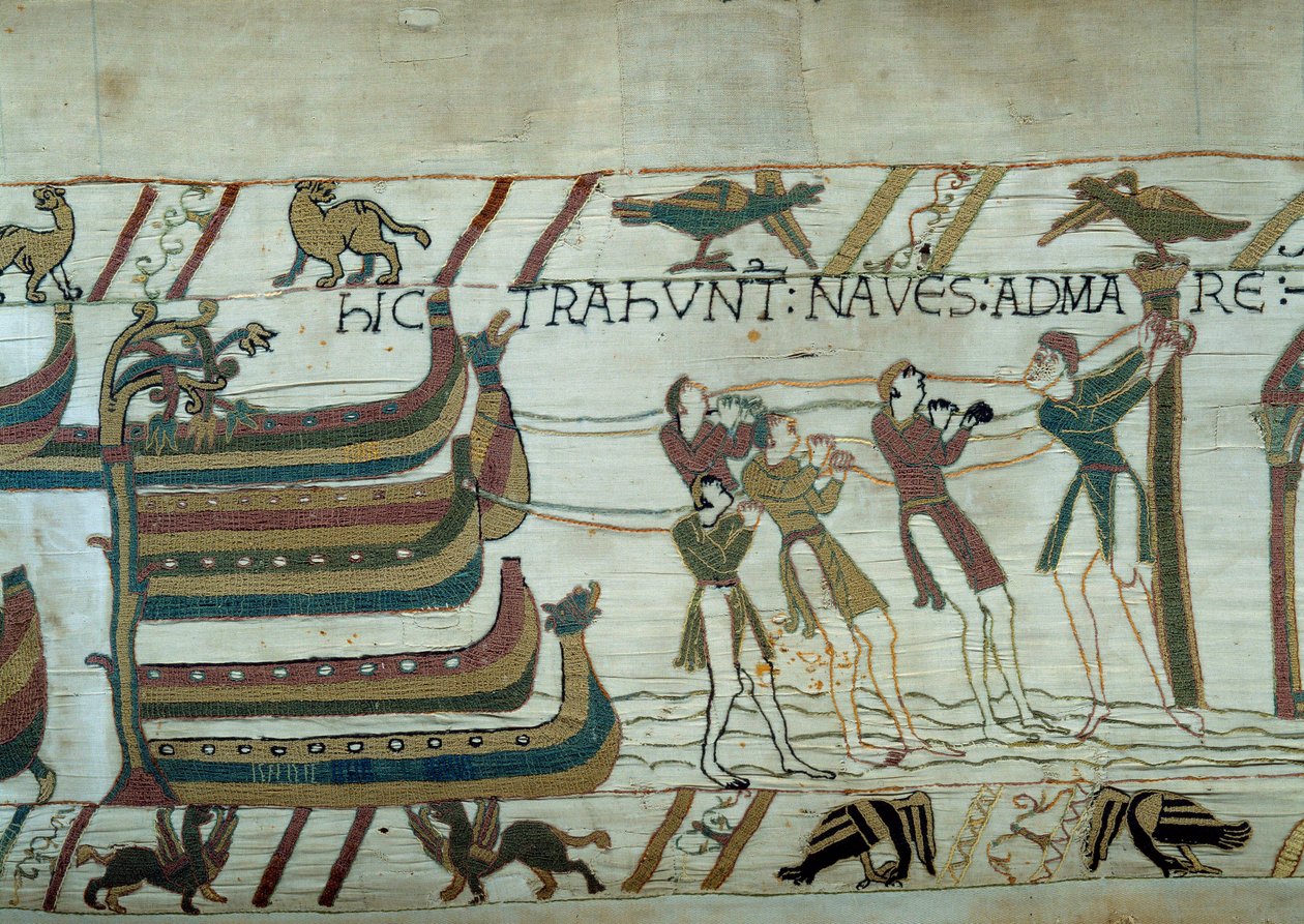 Anglia meghódítása Hódító Vilmos normandiai herceg (1027-1087) serege által: alig épült hajókat bocsátanak a tengerre Részlet a Bayeux-i kárpitról vagy Mathilde királynő hímzéséről alkotó: Unknown artist