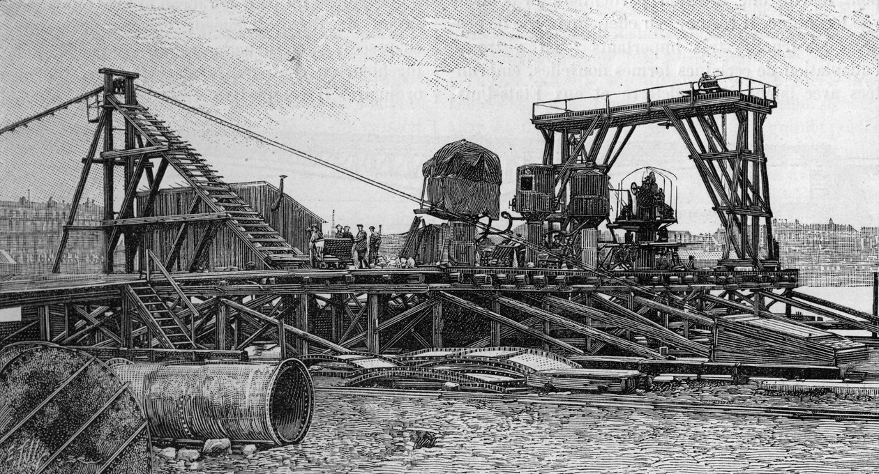 A párizsi Mirabeau híd építése (1893): a kiszolgáló híd (fényképről). Metszet a „természetbe”: 1894. február 3-i áttekintés a tudományokról és alkalmazásukról a művészetben és az iparban. alkotó: Unknown artist