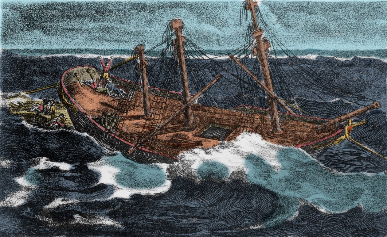 A „Meduse” fregatt tutajának építése meghiúsult 1816. július 2-án Arguin partján, Mauritánia partjainál. századi metszet alkotó: Unknown artist
