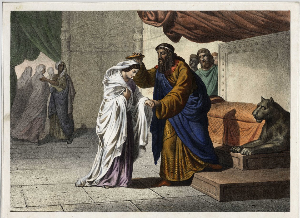 Eszter megkoronázása: 1. Assvérus perzsa király (1. Xerxész) megkoronázza feleségét, Esztert. századi névtelen metszet. alkotó: Unknown artist