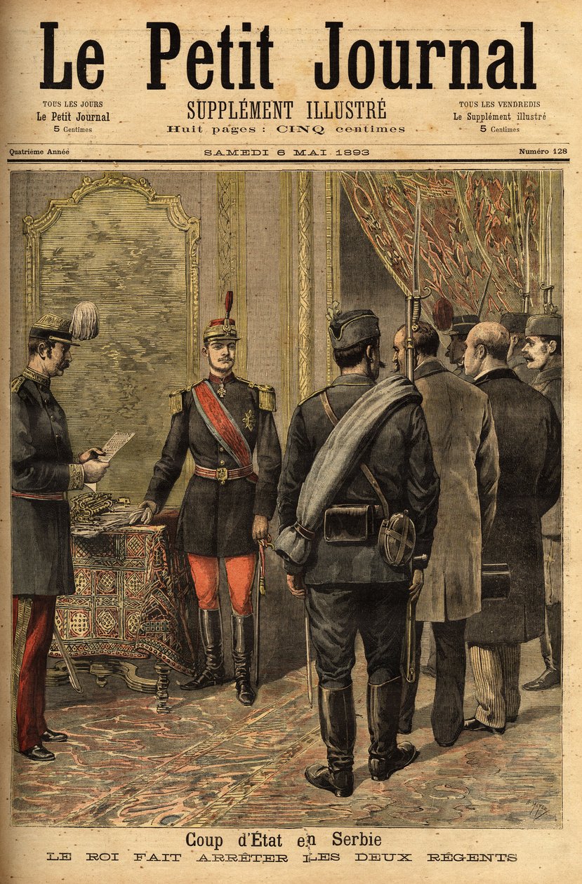 Alekszandr Obrenovics (1876-1903) 1893. április 14-i puccsa kikiáltotta többségét, és Ristitch és Belimarkovich régensei, valamint az egykori kormány összes minisztere volt. Metszet a „” Le petit journal”-ban 1893.06.05. Selva kollégiuma alkotó: Unknown artist