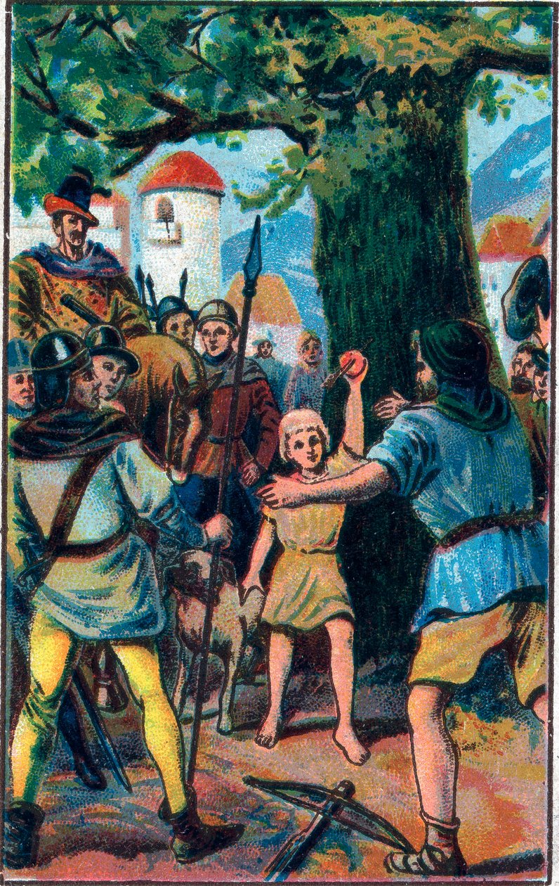 A számszeríj. Guillaume Tell (William Tell) (a svájci függetlenség legendás hősei). A 19. század végének kromolitográfiája. alkotó: Unknown artist