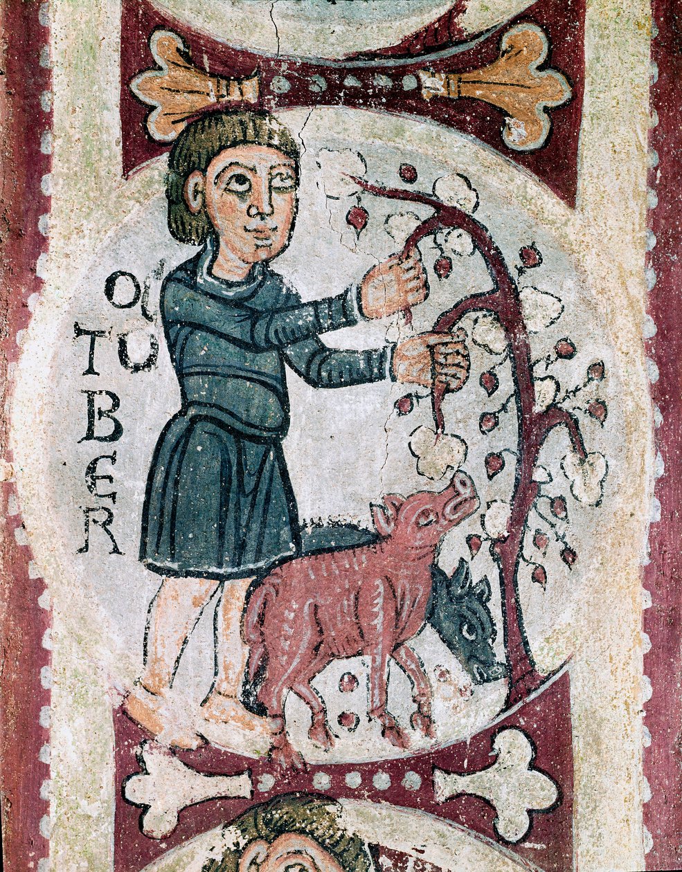 A hónapok ciklusa: Október: makkgyűjtés. Egy 12. századi freskó részlete a San Isidoro Real Colegiata (Royal Collegiale of Saint Isidore) királyi panteonjáról. Leon. alkotó: Unknown artist