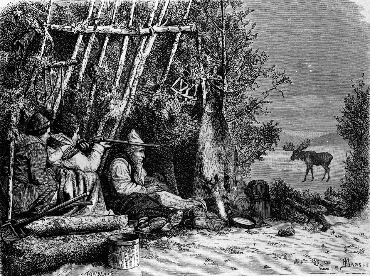 A trapperek (hivatásos vadászok) mindennapjai Kanadában: két karibuvadász. századi metszet. alkotó: Unknown artist