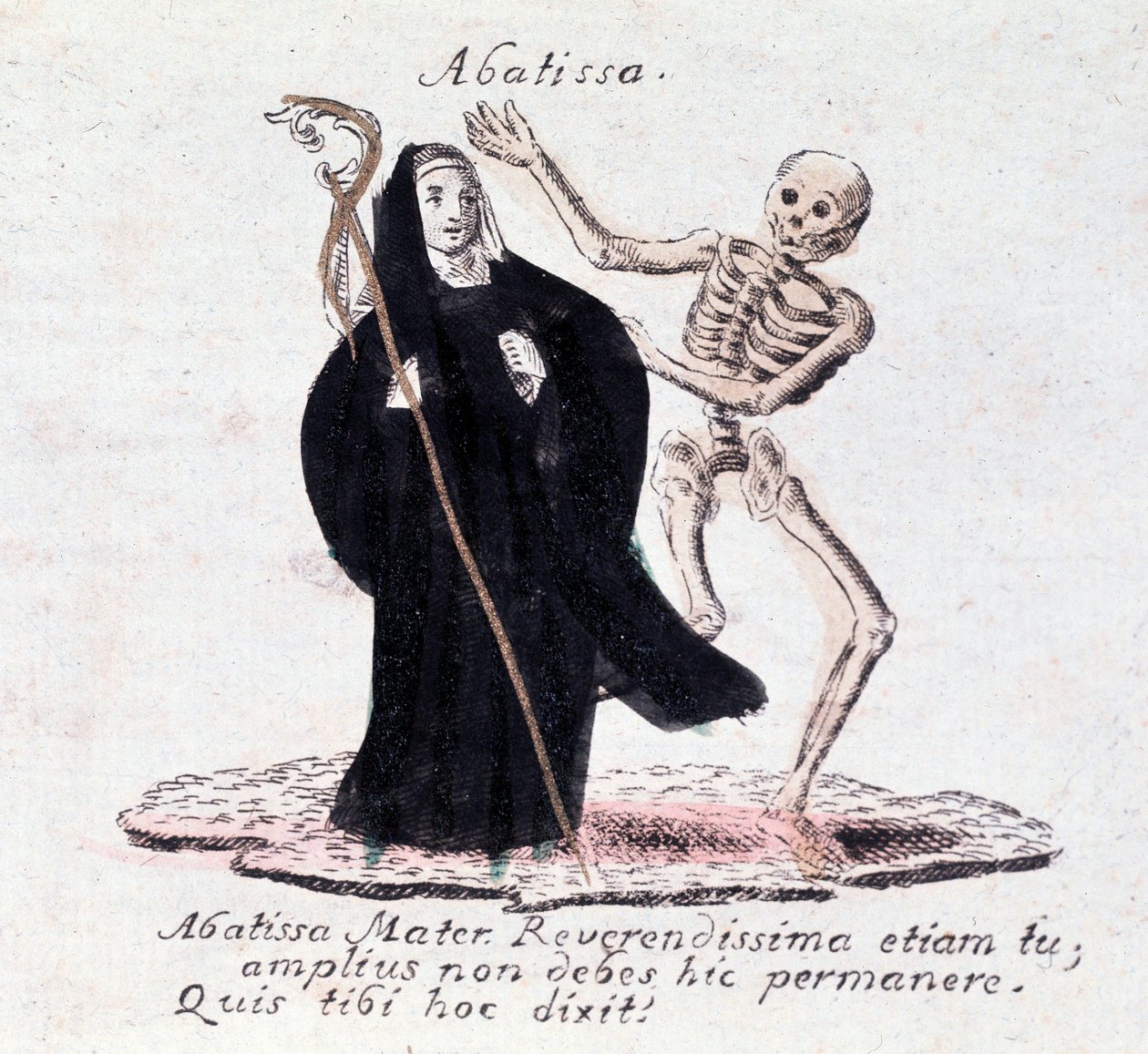 A halál tánca, az apátnő és a csontváz (Nyomtatás) alkotó: Unknown artist