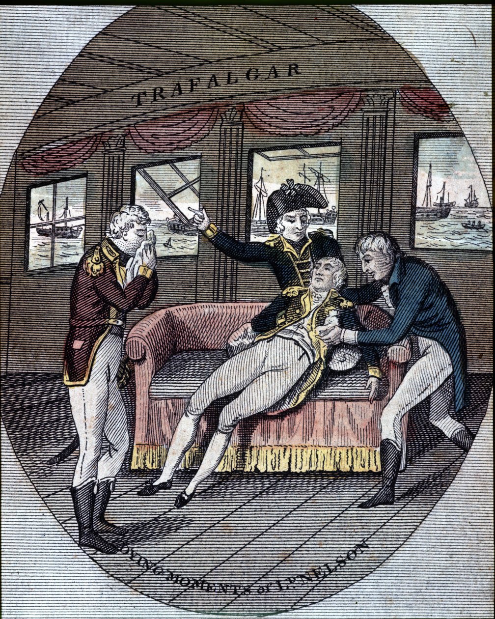 Nelson admirális halála a trafalgari csatában, a „Victory” nevű hajója fedélzetén (október 21. alkotó: Unknown artist