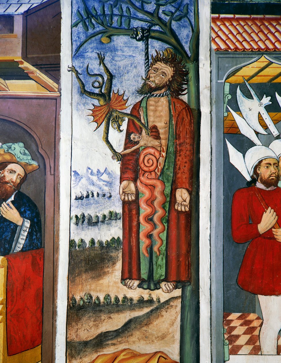 Júdás halála, Krisztus élete (15. század), freskók, Szent Sebestyén-kápolna, Villard-de-Lans, Rhône-Alpes, Franciaország. alkotó: Unknown artist