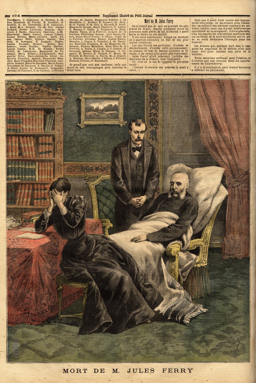 The death of Jules Ferry (1832-1893), a Republican politician, defensor of the Laique school and a supporter of colonial expansion. Engraving in “” Le petit journal”” 1/04/1893. Selva