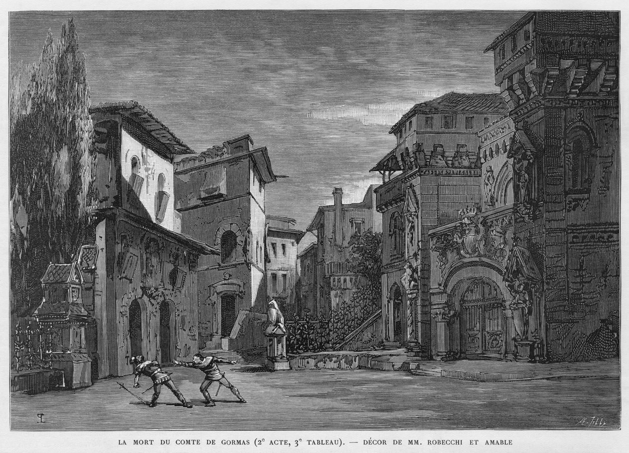 Gormas grófjának, Chimene apjának a halála, akit a Cid ölt meg egy párbaj során. Illusztráció Jules Massenet „Le Cid” operájának illusztrációja Pierre Corneille darabja és Guillen de Castro verse után. századi metszet alkotó: Unknown artist