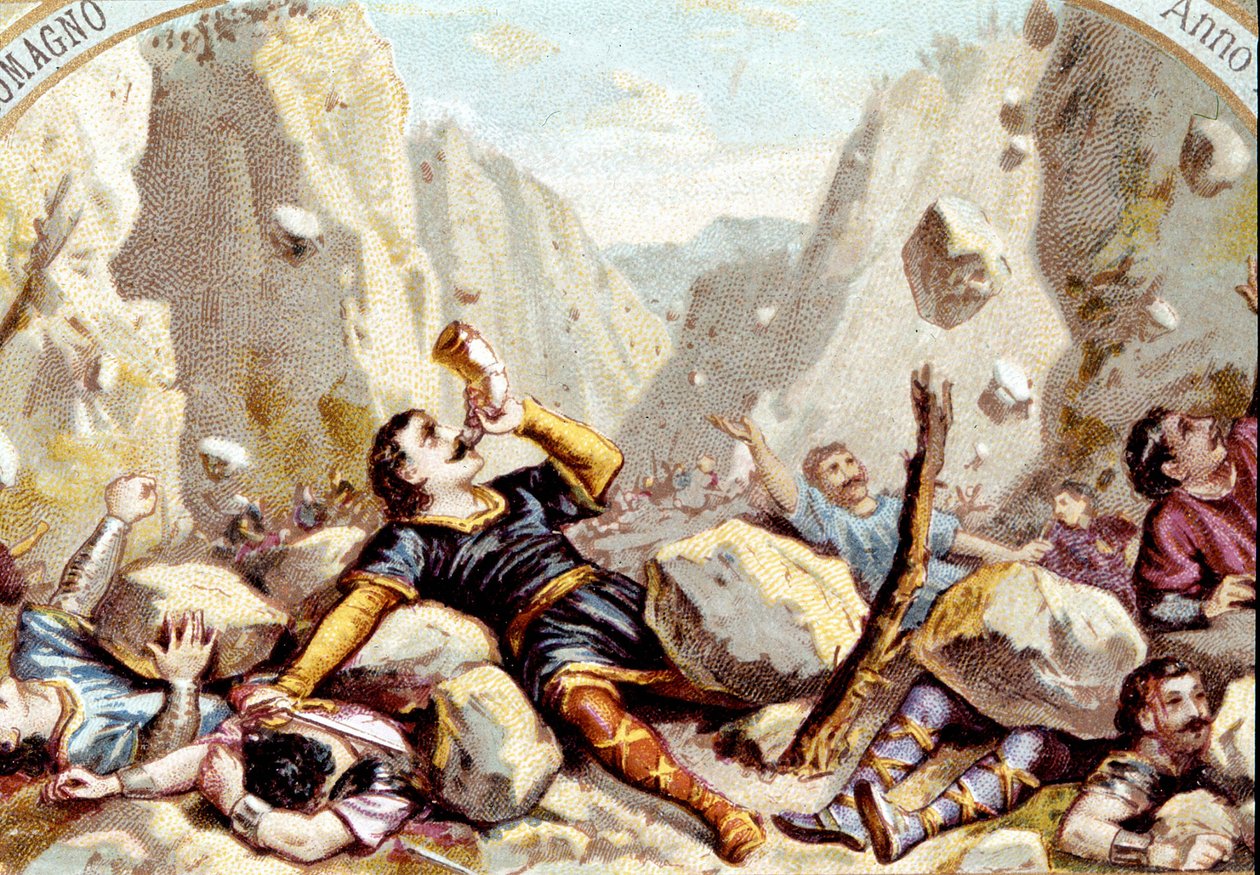 Roland lovag, Nagy Károly unokaöccse halála a roncesvaux-i csatában, 778. kromolitográfia 1900 körül. alkotó: Unknown artist