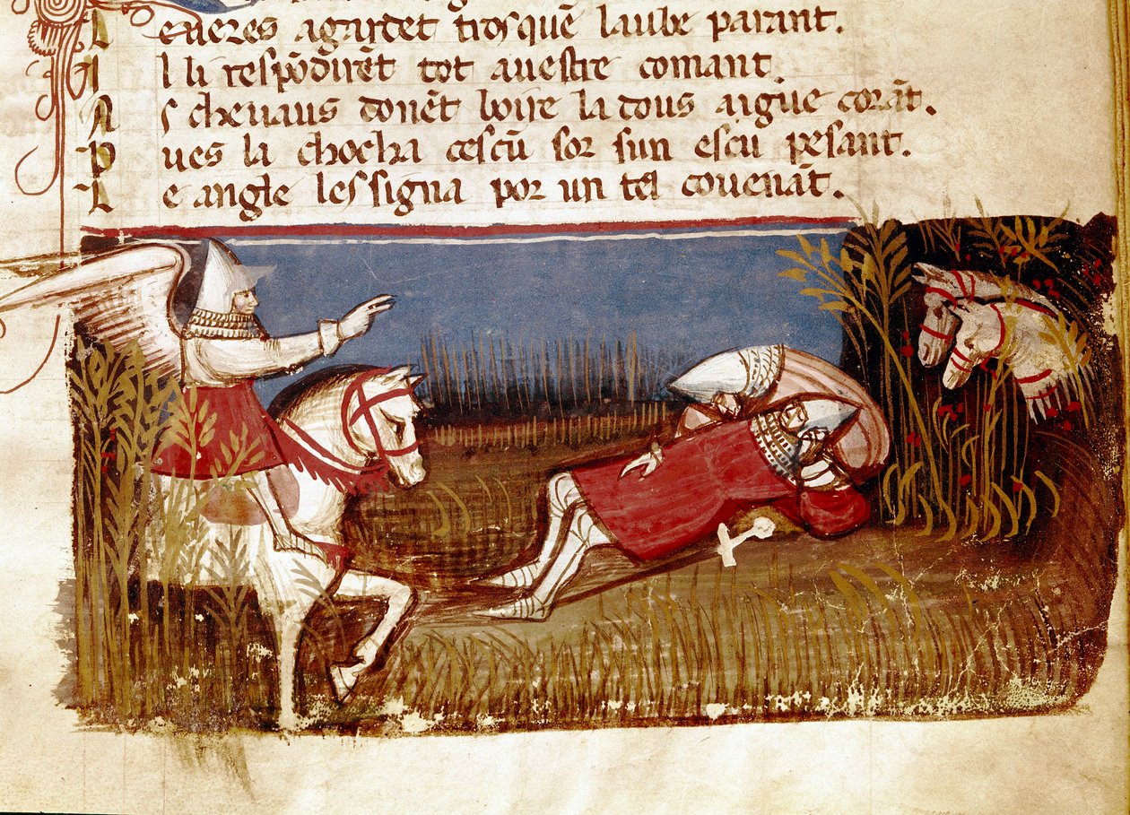 Roland lovag, Nagy Károly unokaöccse halála a roncevaux-i csata során, 778 Miniatűr „Spanyolország Entree”-ből. 14. századi Velence, Biblioteca Marciana. alkotó: Unknown artist
