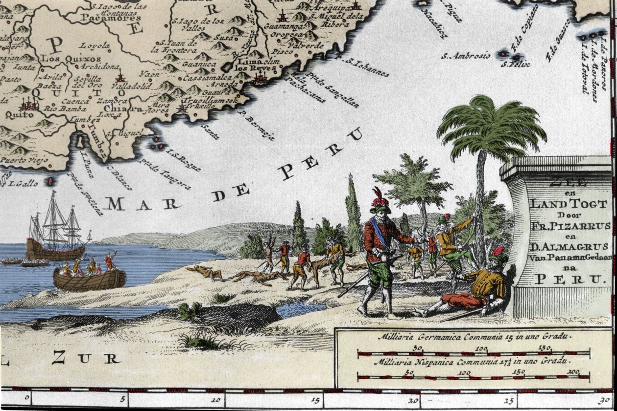 A spanyol hódítók partraszállása Francisco Pizarro (Francois Pizarre). alkotó: Unknown artist
