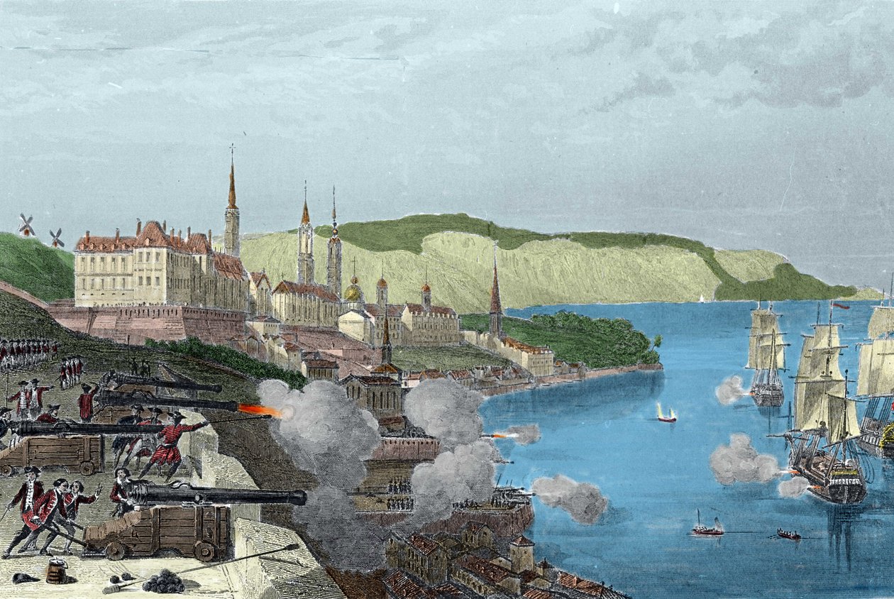 Louis de Buade gróf, Frontenac grófja (1622-1698) Quebec védelme 1690.10.16-án. Színes metszet Van Tenac „Histoire generale de la Marine”-jában alkotó: Unknown artist