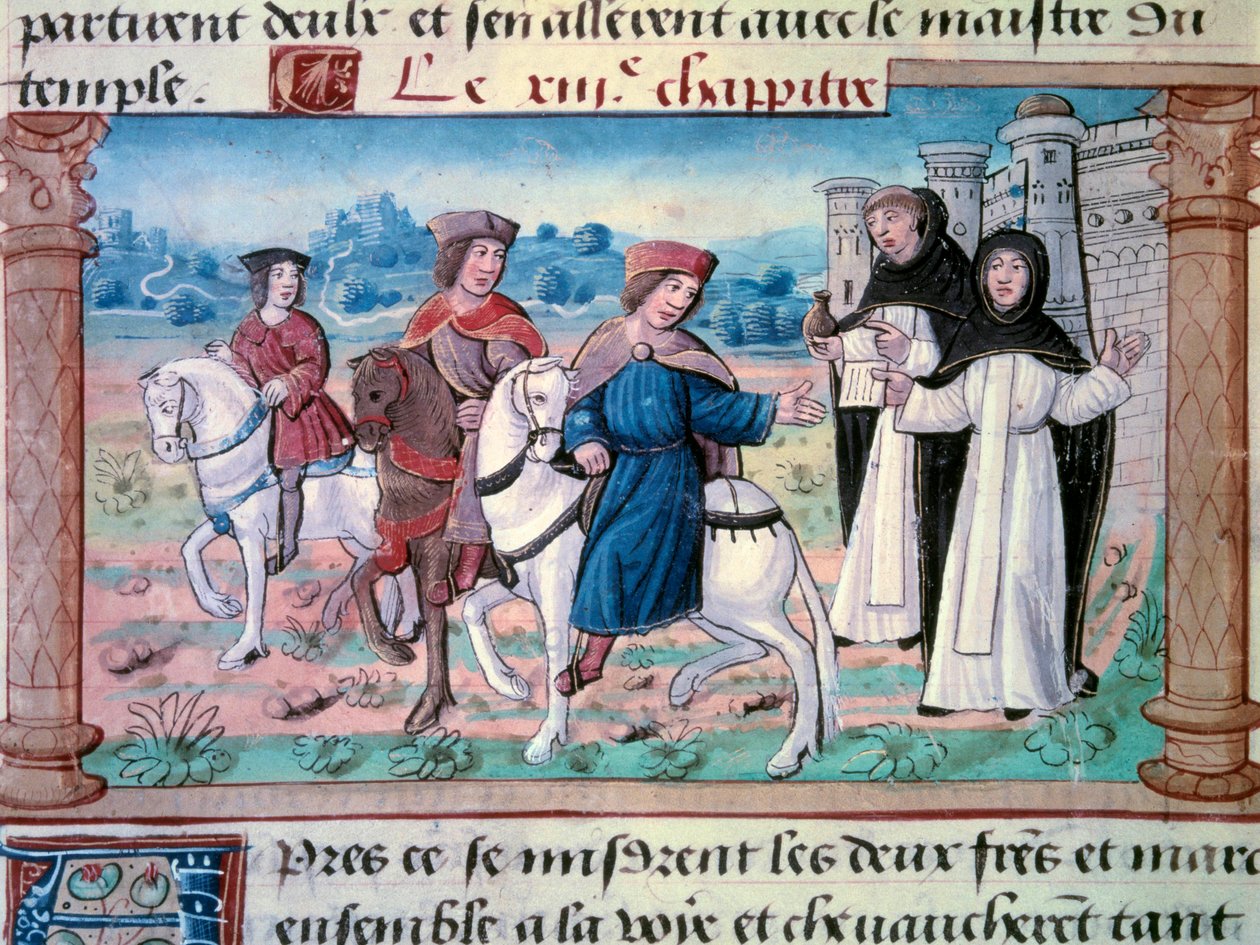 Nicolo és Matteo Polo testvérek, az ifjú Marco Polo (1254-1324) apja és nagybátyja távozása a fiatalemberrel 1271 körül. Miniatűr a „” Csodák könyvéből””” („” Devisement du monde”, „” Il Milione”), Marco Polo (1254-1324) 1298 Bibl. alkotó: Unknown artist