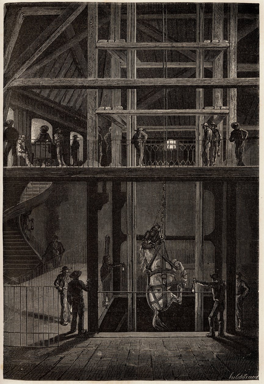 Egy ló leereszkedése a creusot-i bányákban, földalatti alagutakban szénszállító kocsik szállítására használták. L. Simonin 1865-ös metszete a Creusot-ba, valamint Saone és Loire bányáiba tett utazás szemléltetésére a „” Le tour du monde, nouveau journal de alkotó: Unknown artist
