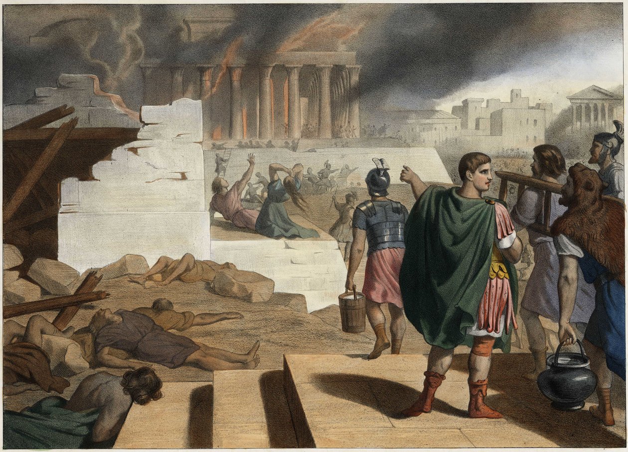 Jeruzsálem templomának és városának lerombolása 70-ben Titus római császár (40-81) által. Névtelen metszet a 19. század közepéről. alkotó: Unknown artist
