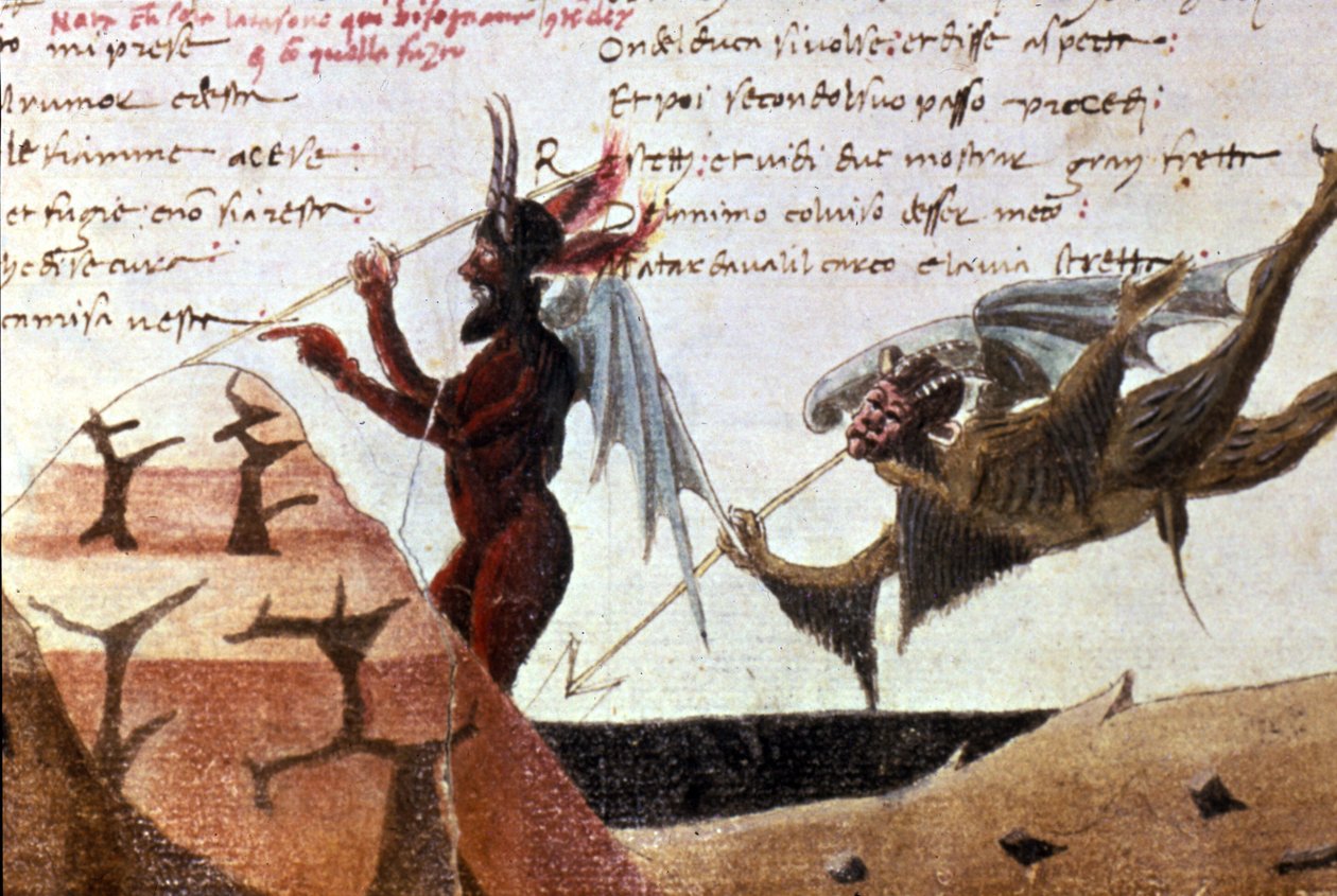Az ördögök a pokol körében Dante Alighieri (1265 - 1321) 14. századi Divina Commedia (Isteni színjáték) kézírásos kiadása után. Bibl.Trivulziana Milan. alkotó: Unknown artist