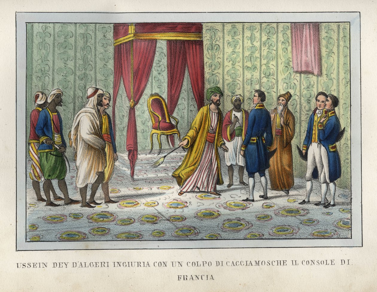 Husszein algír úr, aki úgy ítélte meg, hogy Pierre Deval francia konzul megsértette magát, 1827 áprilisában lerobbantotta légyvadászáról. Ez az epizód meghatározó volt az Algír 1830-as elfoglalásához vezető események alakulásában. L