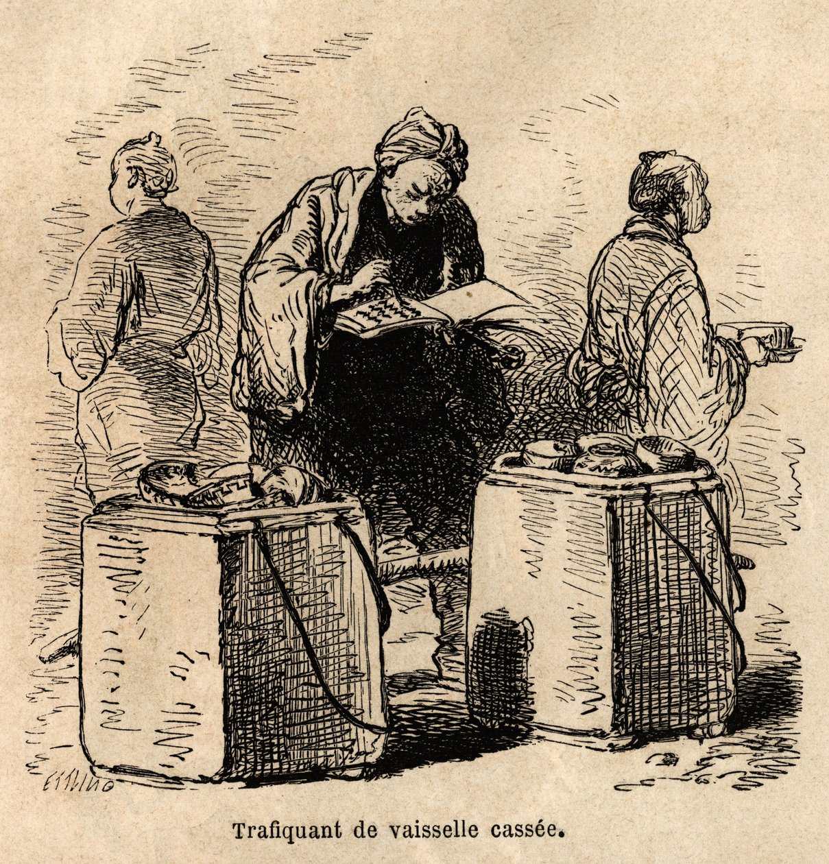 A piszkos edénykereskedő. Aime Humbert, a Svájci Államszövetség minisztere 1863-1864-es metszete a japán utazás szemléltetésére, megjelent a „le tour du monde”-ban, Edouard Charton irányítása alatt, Hachette, Párizs 1869. Selva Collection. alkotó: Unknown artist