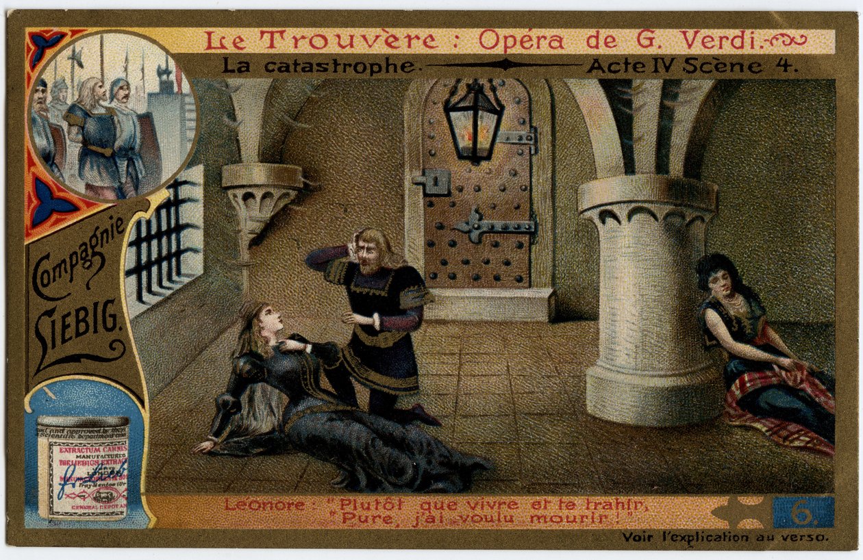 A katasztrófafelvonás IV. jelenete 4. Illusztráció Giuseppe Verdi (1813-1901) „A lelet” (Il trovatore) című operájához. Kromolitográfia (Chromo) Liebig a 19. század végéről. alkotó: Unknown artist