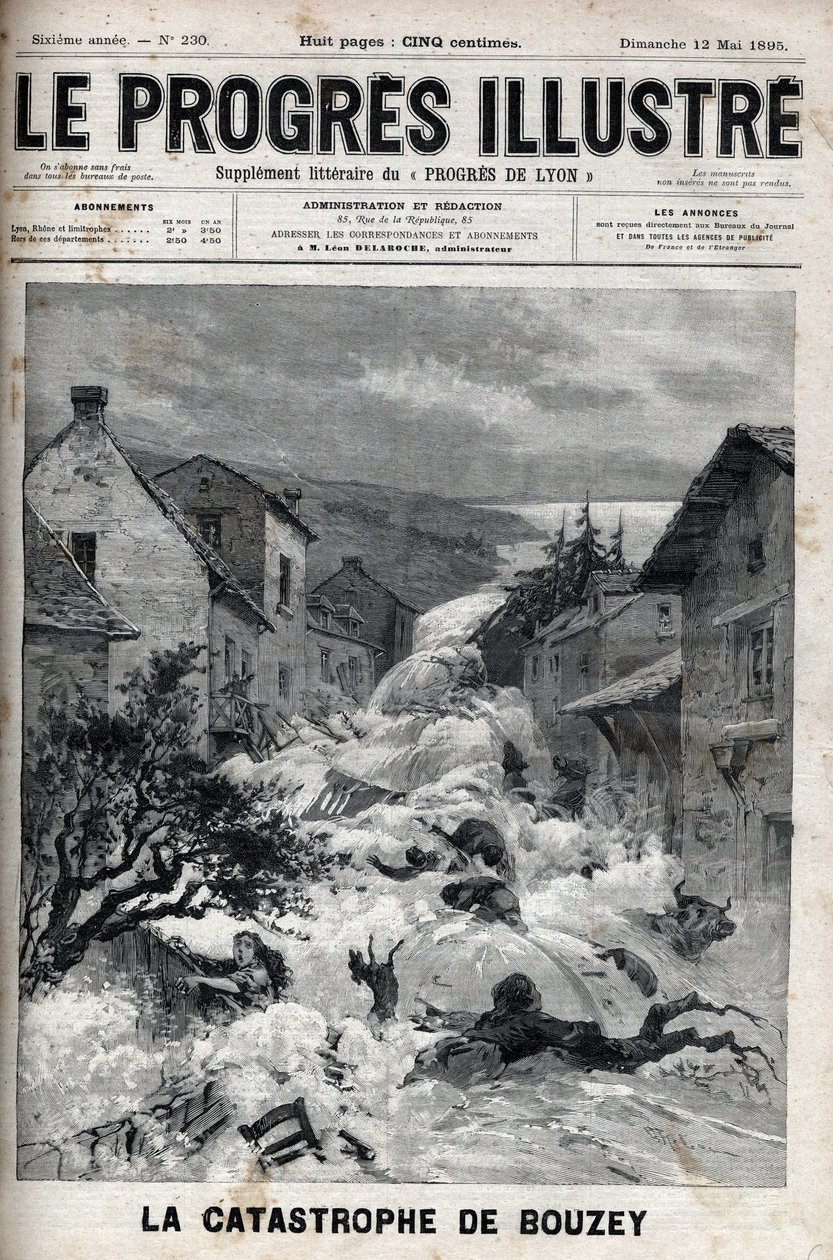 Bouzey (Vogézek) katasztrófája, az Epinal-tározó gátja átszakadt, és 7 millió köbméter vizet öntött ki - Metszet a „Le Progres illustrious”-ba, 1895 alkotó: Unknown artist