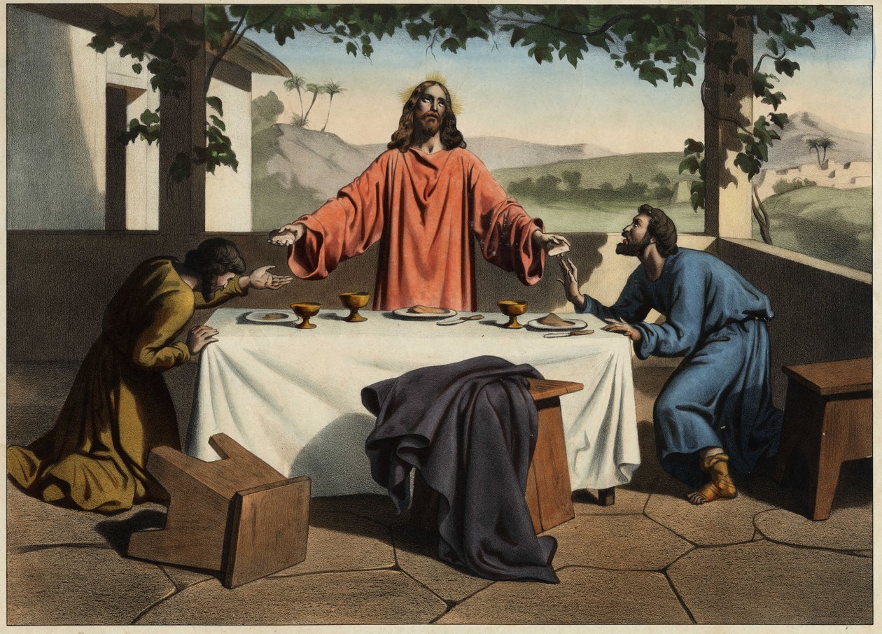Emaus (Emmaus) tanítványai húsvét estéjén találkoznak a feltámadott Krisztussal, aki kenyeret oszt. Névtelen metszet a 19. század közepéről. alkotó: Unknown artist