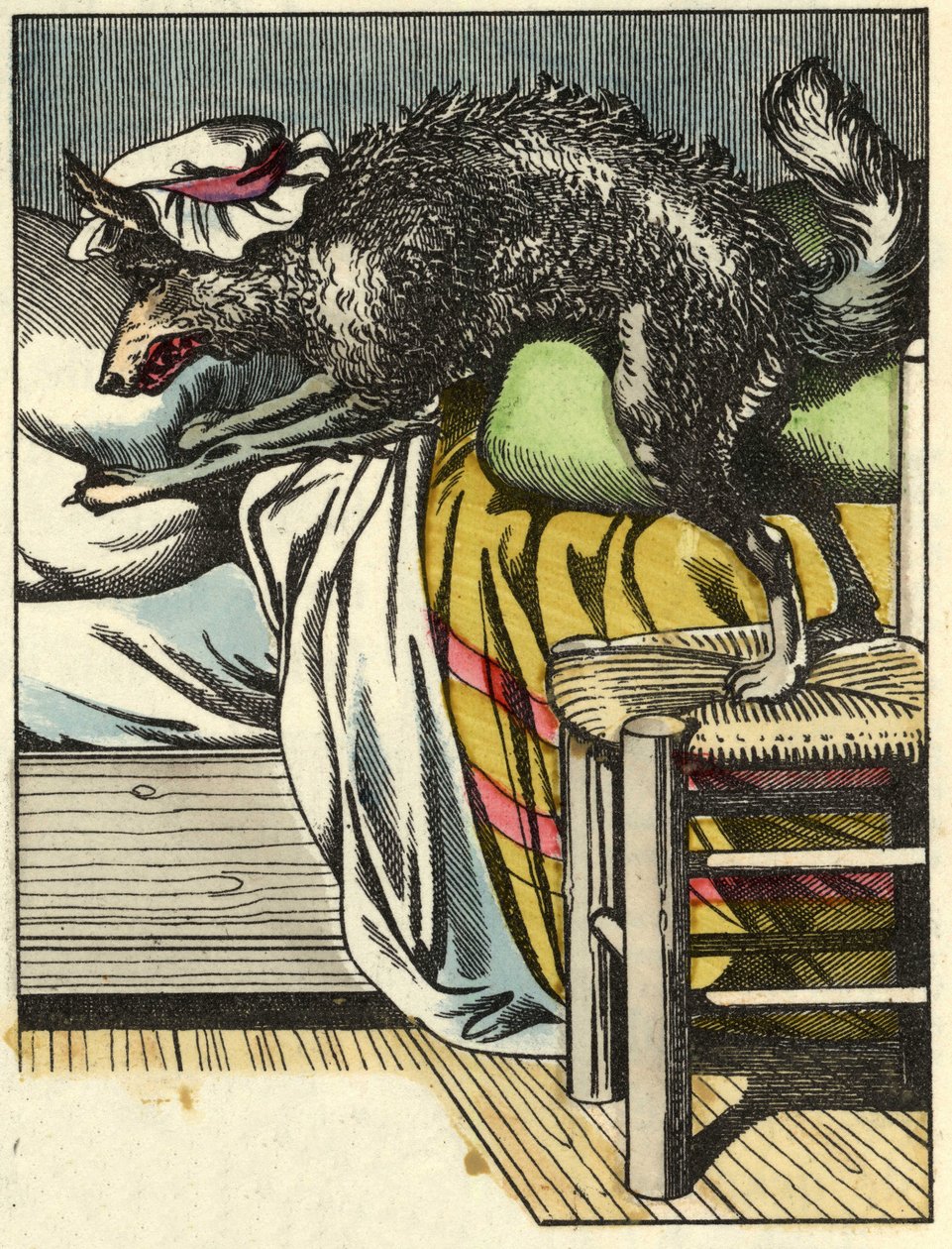 Az álruhás farkas elfoglalja a nagymama helyét az ágyban. Illusztráció Charles Perrault „A Piroska” című meséjéről alkotó: Unknown artist