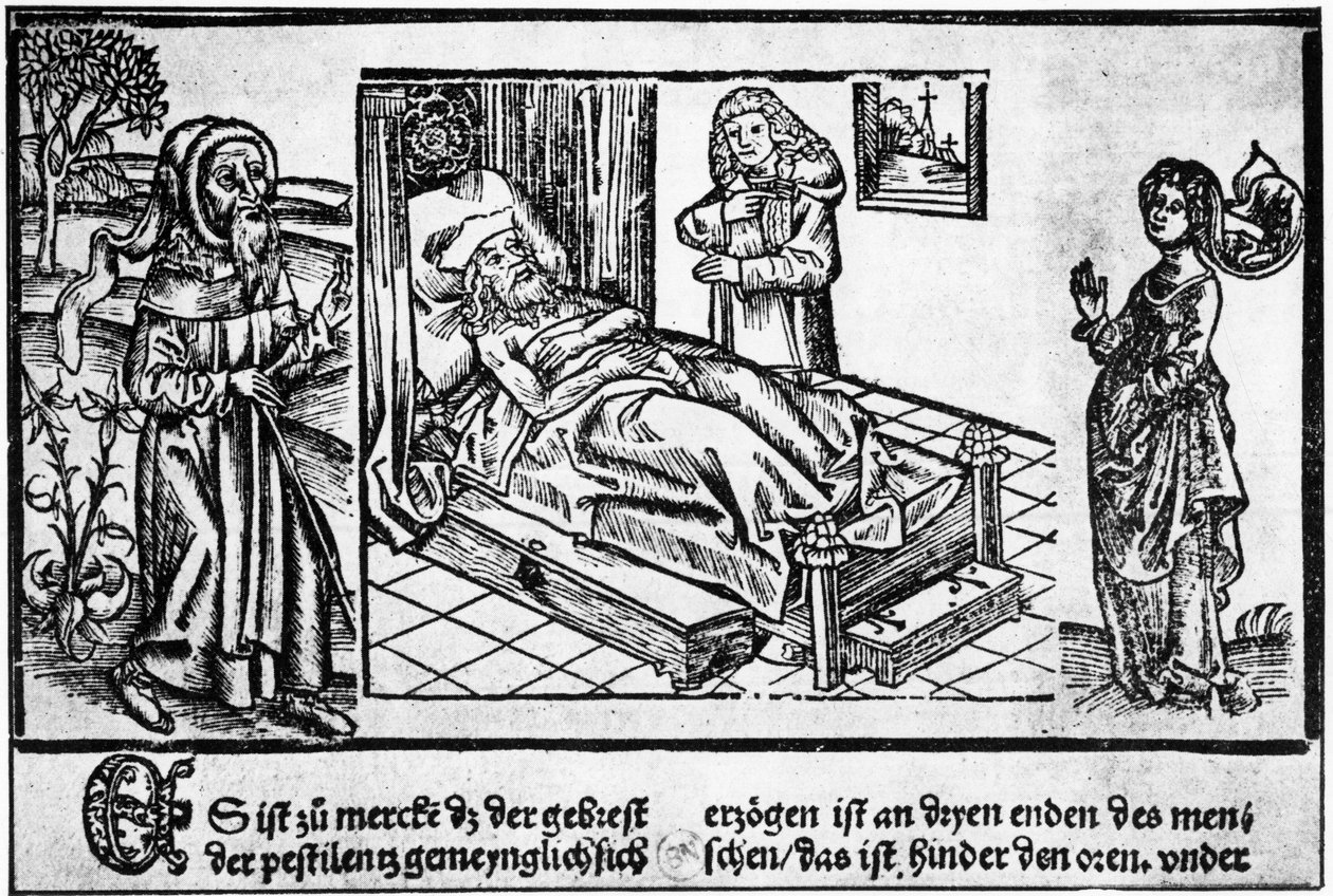 Az orvos a pestiferé ágyában, Jérôme Brunschwig, Strasbourg „Liber pestilentialis” fametszete alkotó: Unknown artist