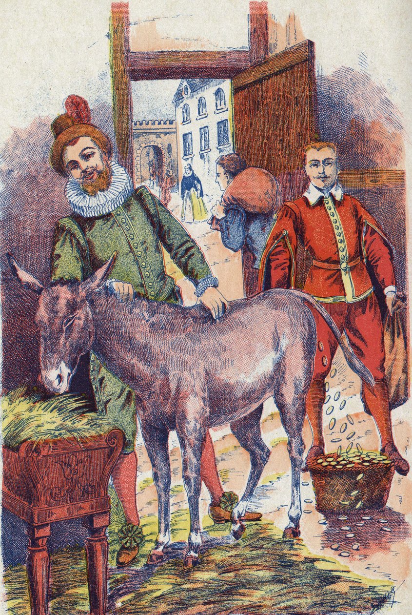 A szamár arany ekusszal. Illusztráció Charles Perrault (1628-1703) francia író „” szamárbőr” című meséjéhez. Névtelen illusztráció. Képek Marcel Vagne, Jarville Nancy, dátum nélküli (19. század vége). alkotó: Unknown artist
