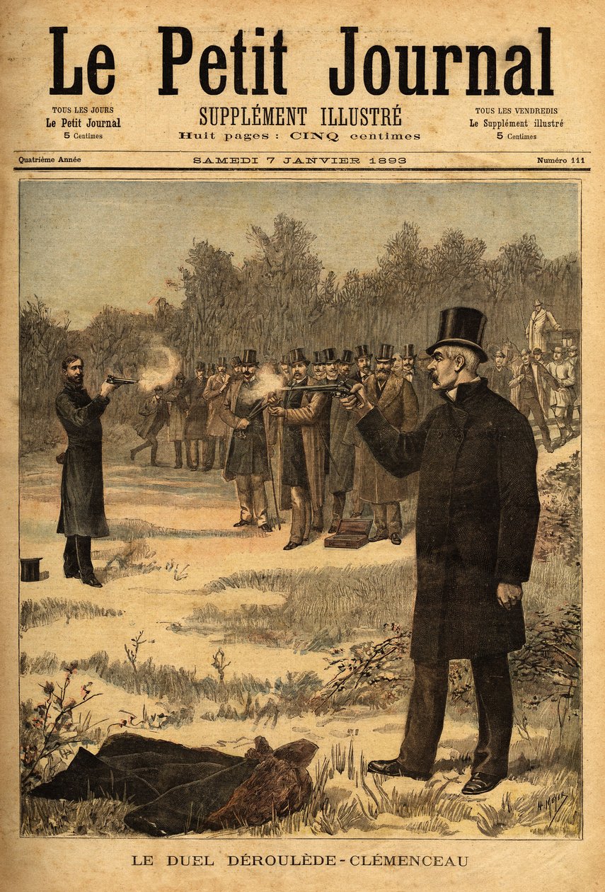 A (1626 óta Franciaországban betiltott) pisztolypárbaj Paul Deroulede (1846-1914) és Georges Clemenceau (1841-1929) képviselői között nem árt. Metszet a „” Le petit Journal”-ban 1893.07.01. Selva gyűjteménye. alkotó: Unknown artist
