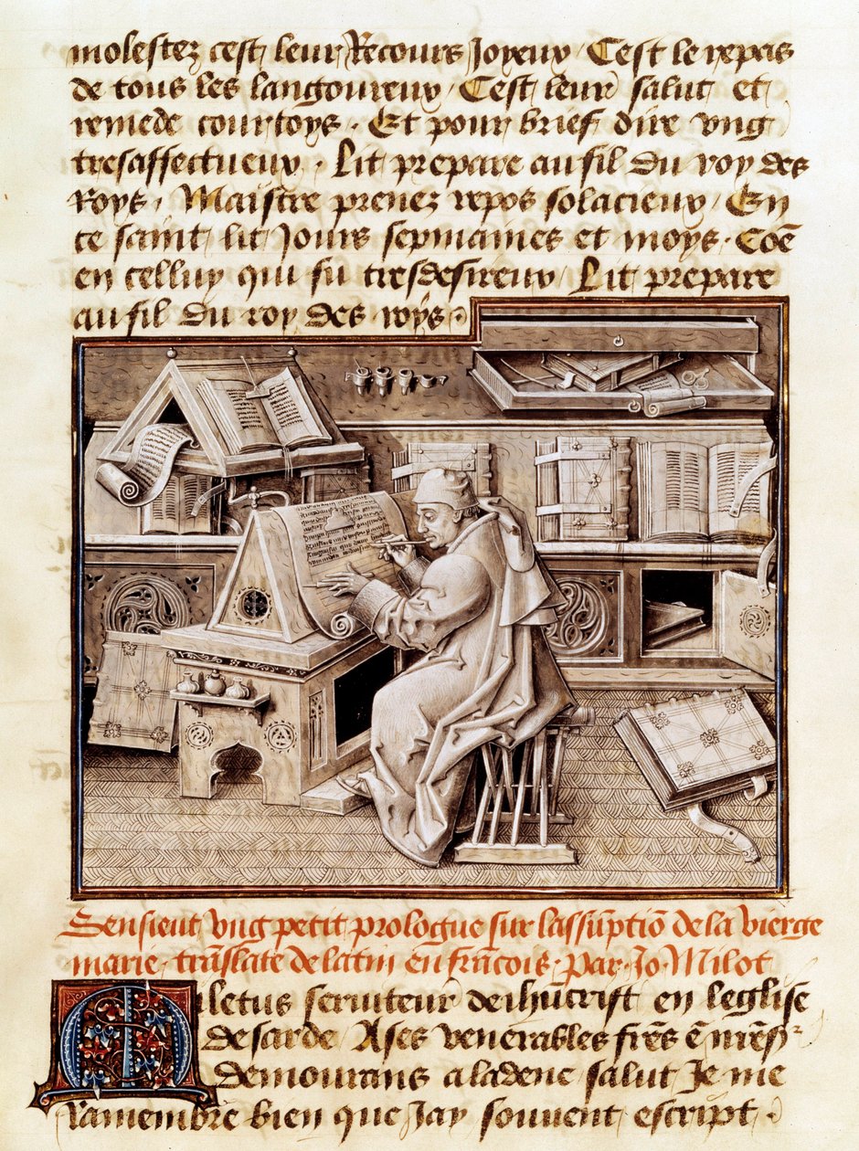 Az egyházi, másoló és fordító, Jean Mielot (meghalt 1472-ben) egy 15. századi kézirat oldala az irodájában dolgozik. Paris, B.N. alkotó: Unknown artist