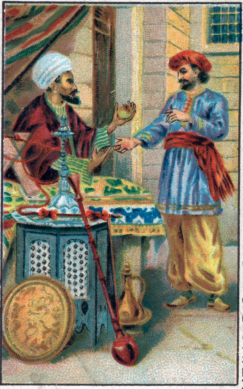 Az elvarázsolt alma. Ahmed herceg története és a díj Párizs-Banou (Pari Banou) (Paribanu). 1001 éjszaka meséje (az ezeregy éjszaka meséi). A 19. század végének kromolitográfiája. alkotó: Unknown artist