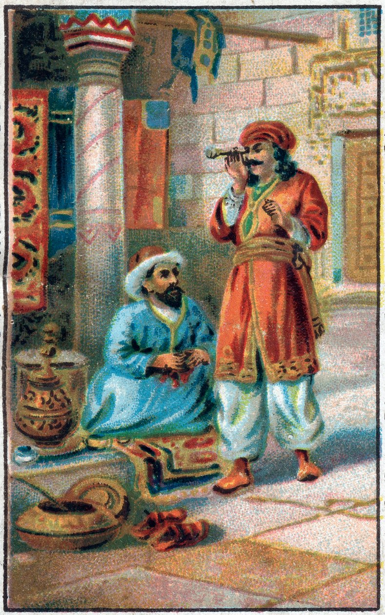 A varázslatos cső. Ahmed herceg története és a díj Párizs-Banou (Pari Banou) (Paribanu). 1001 éjszaka meséje (az ezeregy éjszaka meséi). A 19. század végének kromolitográfiája. alkotó: Unknown artist