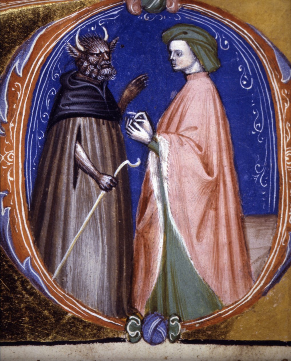Találkozás a démonnal. 14. századi kézirat. Biblioteca comunale di Rimini alkotó: Unknown artist