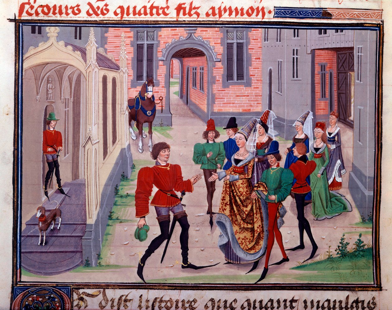 Clarisse, Yvon de Gascony király és Renaud Miniature lánya eljegyzése Loyset Liedet „Renaud de Montauban” vagy „Les quatre fils Aymon” kéziratából (aktív 1448 és 1478 között). Ms. 5073. 15. századi Bibliotheque de l