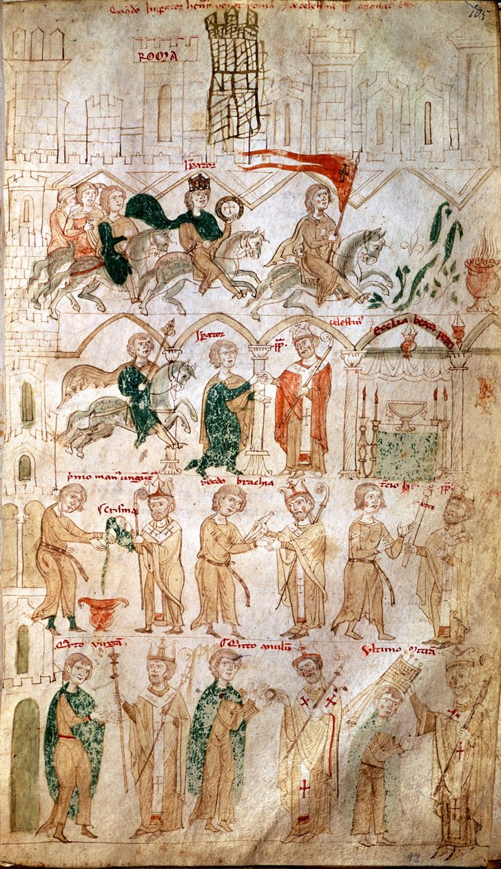 VI. Henrik, a Szent Birodalom (1165-1197) Rómába lépése és császárrá koronázása 1191. április 14-én III. Celesztin pápa által. Oldal átvétele a Pietro da Eboli (Péter) „Liber ad honorem Augusti” című könyvéből. Eboli) - (kódex 120, fol 105) 13. századi Bur alkotó: Unknown artist